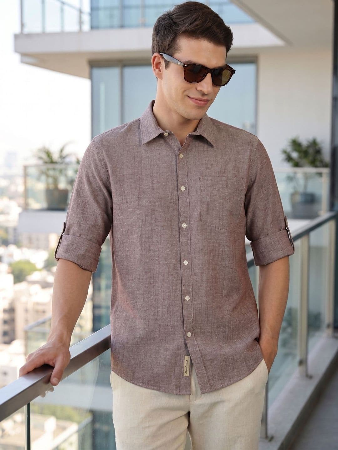Thomas Scott Men Slim Fit Long Roll-Up Sleeves Spread Collar Solid Linen Casual Shirt - view 1