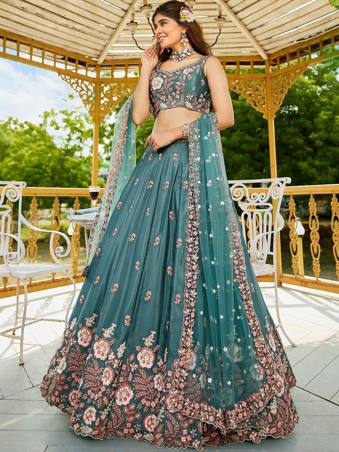 NAVYAAZRI Embroidered Thread Work Semi-Stitched Lehenga & Unstitched Blouse With Dupatta - view 1