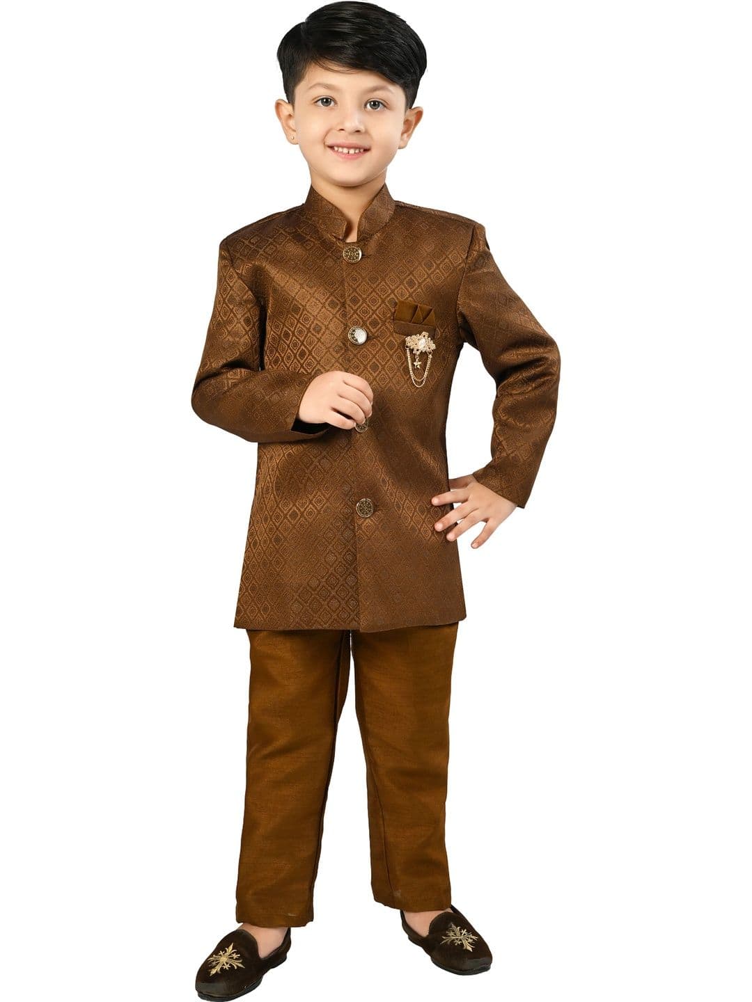 BAESD Boys Self Design Mandarin Collar Sherwani Set
