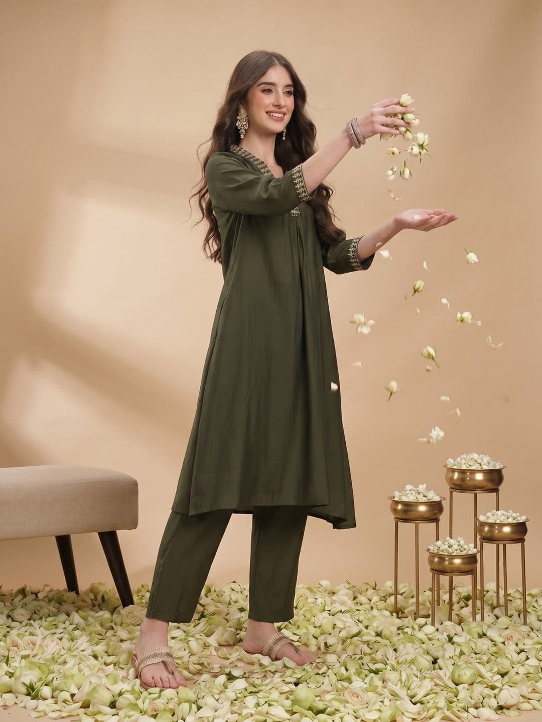 Sangria Yoke Design Panelled Kurta with Trousers - view 1