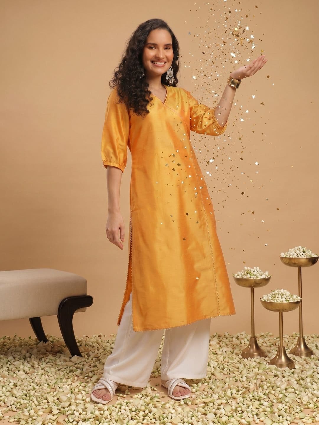 Sangria Gotta Patti Detail V-Neck Puff Sleeves Festive Angrakha Style Kurta - view 1
