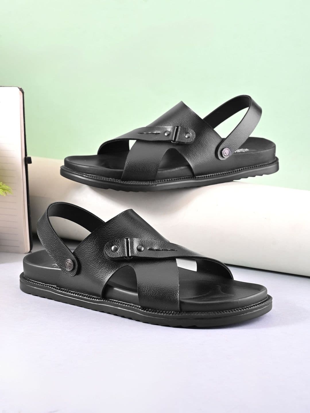 House Of Pataudi Men Black Synthetic Leather Slip On Comfort Sandals - view 1