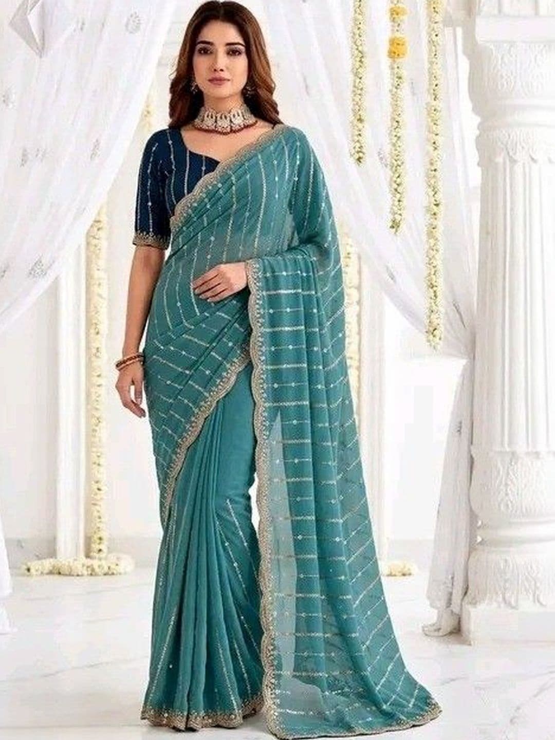 Jyotinox Striped Poly Georgette Heavy Work Ikat Saree - view 1