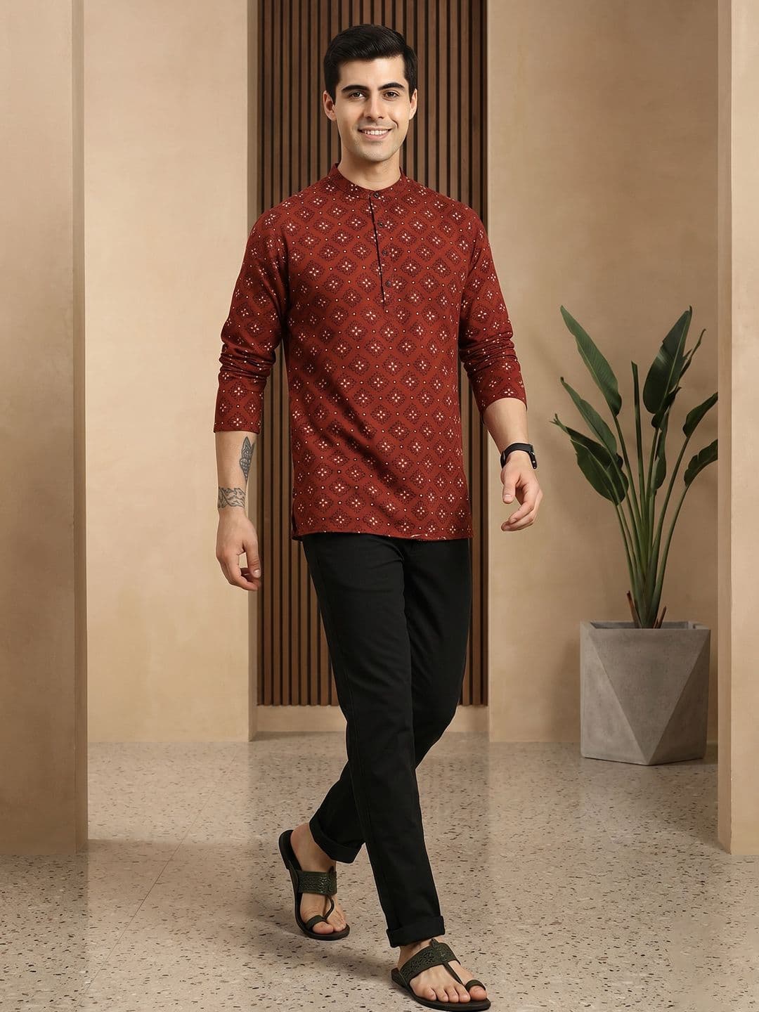 Anouk Men Red & Cream-Coloured Ethnic Motifs Printed Cotton Short Kurta - view 1