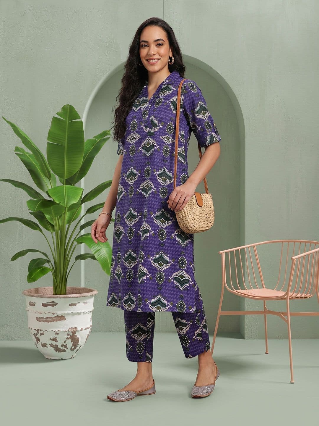 Sangria Ethnic Motifs Printed Cotton Kurta with Trousers - view 1