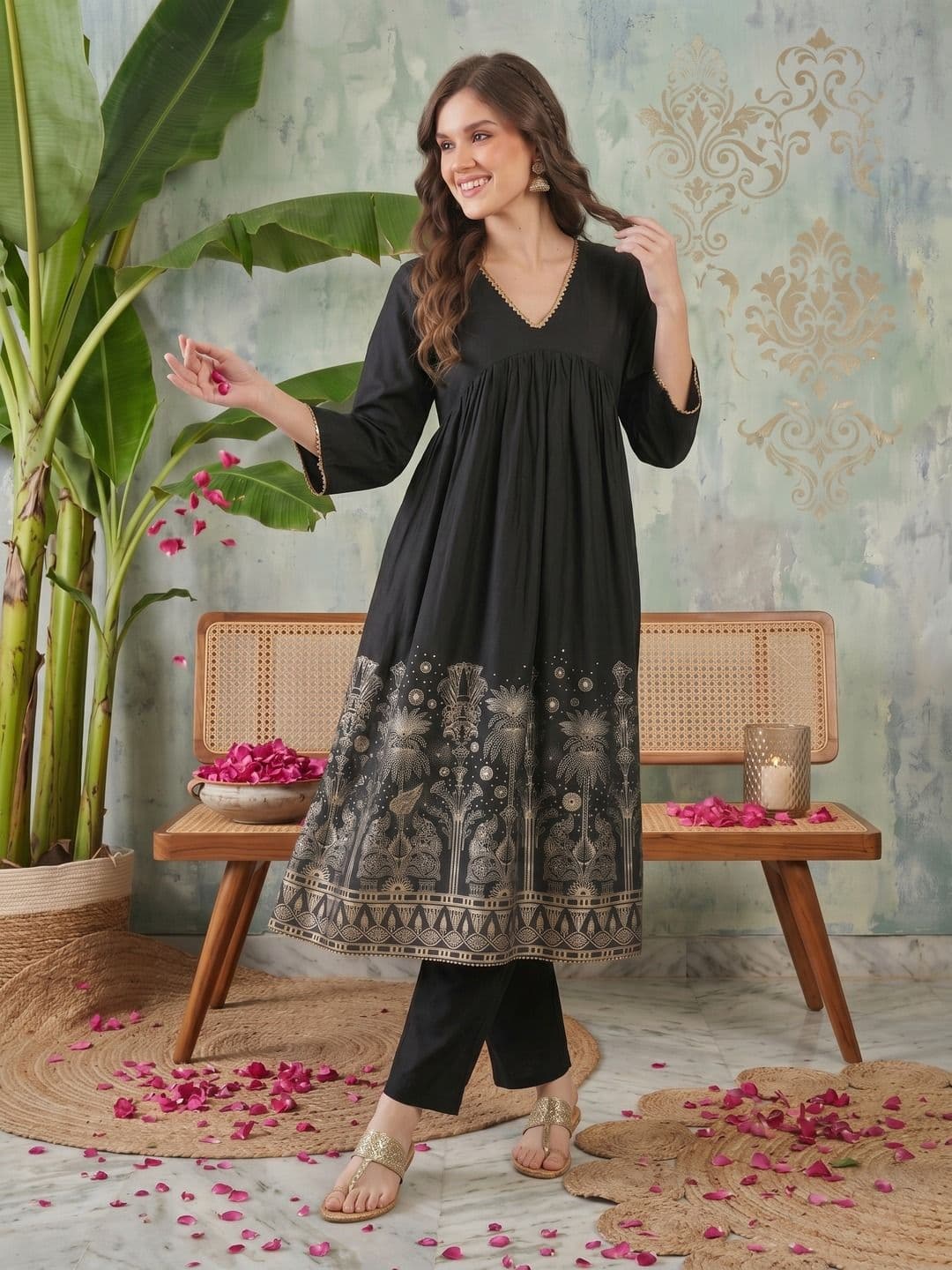 Sangria Ethnic Motifs Printed Empire Gotta Patti Kurta with Trousers - view 1