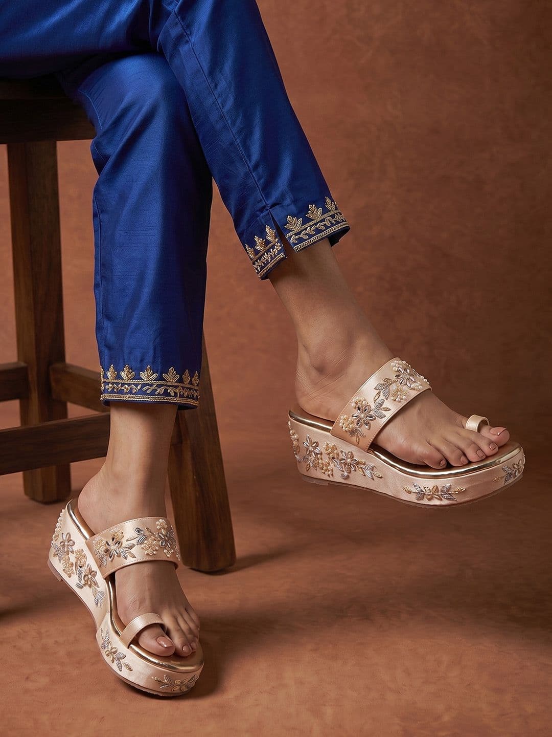 House of Pataudi Ethnic Embellished Beaded Wedge Heeled Sandals - view 1