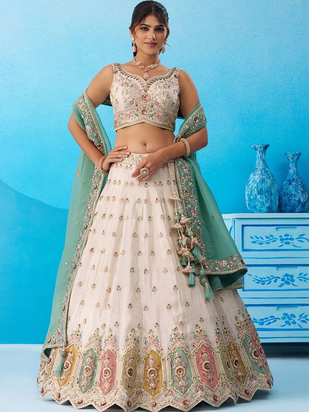 KALINI Embroidered Sequinned Semi-Stitched Lehenga & Unstitched Blouse With Dupatta - view 1
