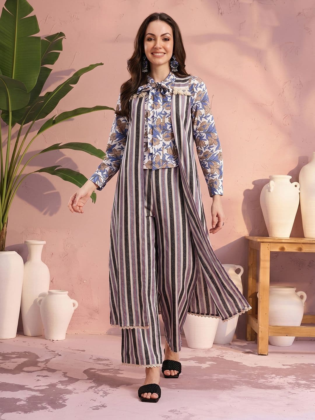 Sangria Floral Print Pure Cotton Tie-Up Neck Ethnic Top with Striped Trousers and Shrug - view 1