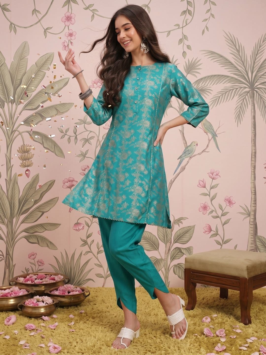 Sangria Foil Floral Printed Regular Kurta with Dhoti Pants - view 1