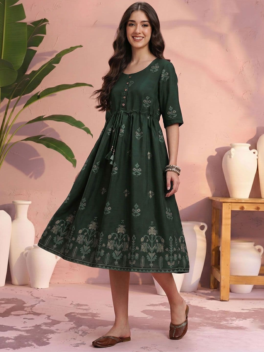 Sangria Ethnic Motifs Printed Pleated Fit and Flare Midi Dress with Tie-Up Detail - view 1