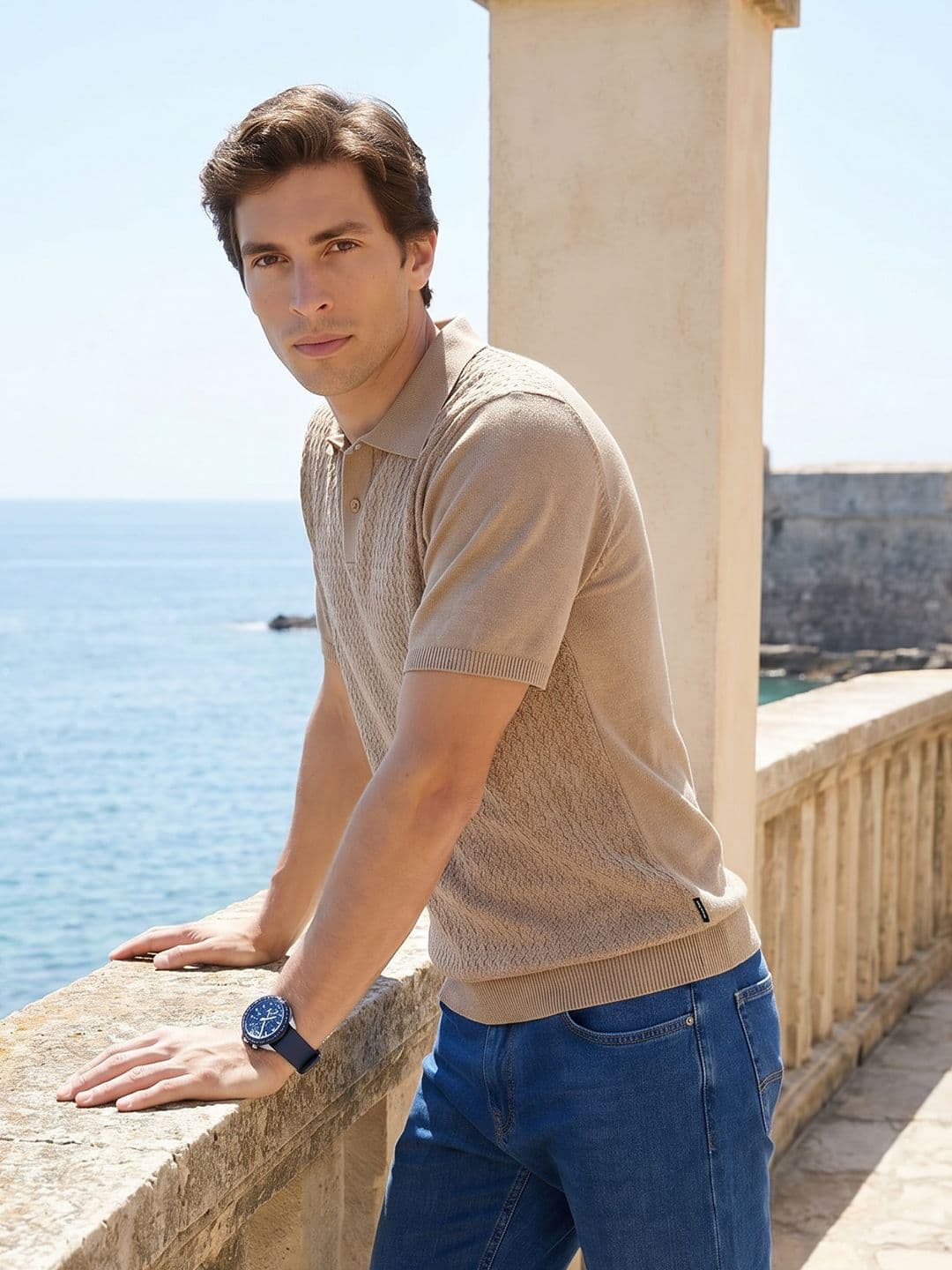 Mast & Harbour Polo Collar Textured Pure Cotton T-Shirt - view 1