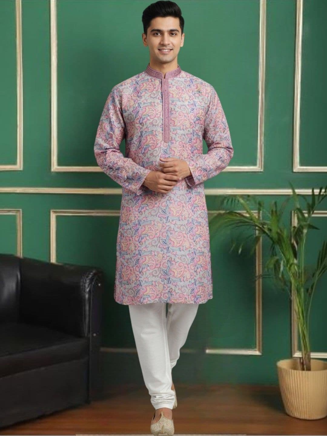 TATTVA Men Floral Thread Work Floral Jacquard Kurta - view 1