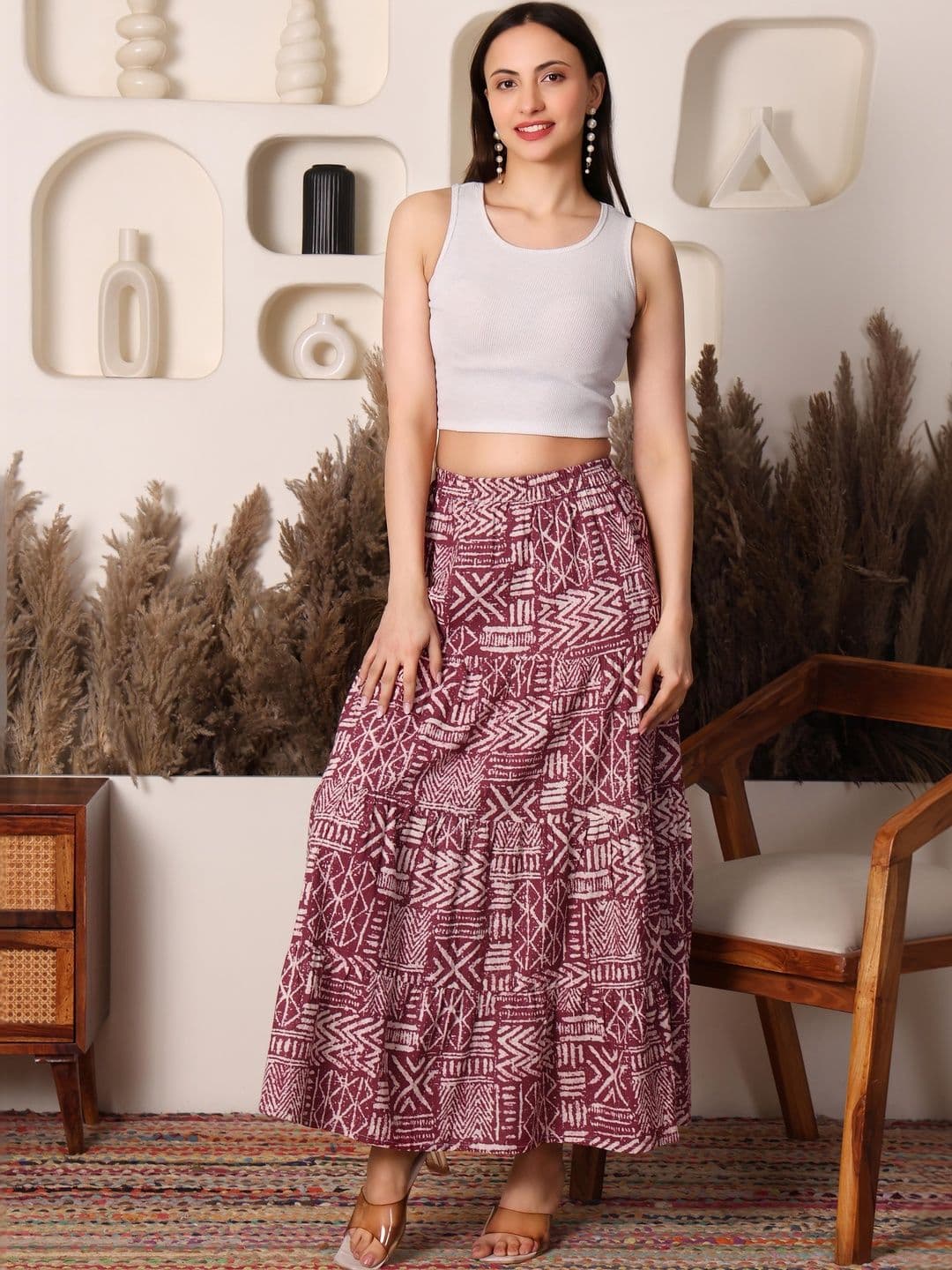BAESD Women Pure Cotton Blend Geometric Tribal or Aztec Print Maxi Tiered Skirt - view 1
