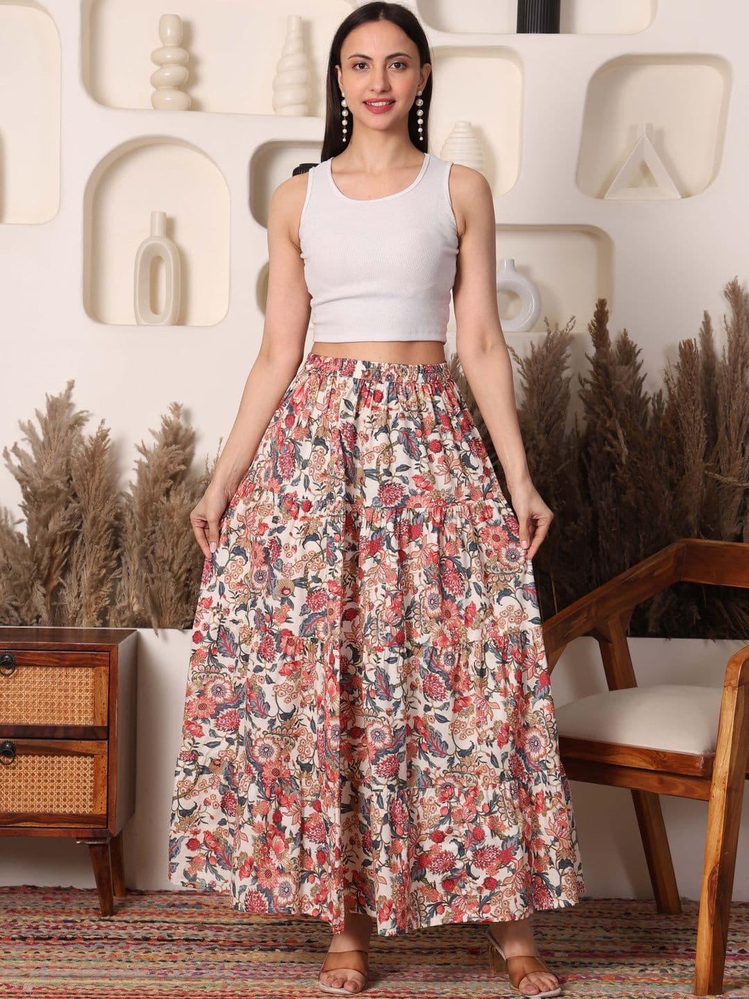 HERE&NOW Women Pure Cotton Blend Floral Maxi Flared Skirt - view 1