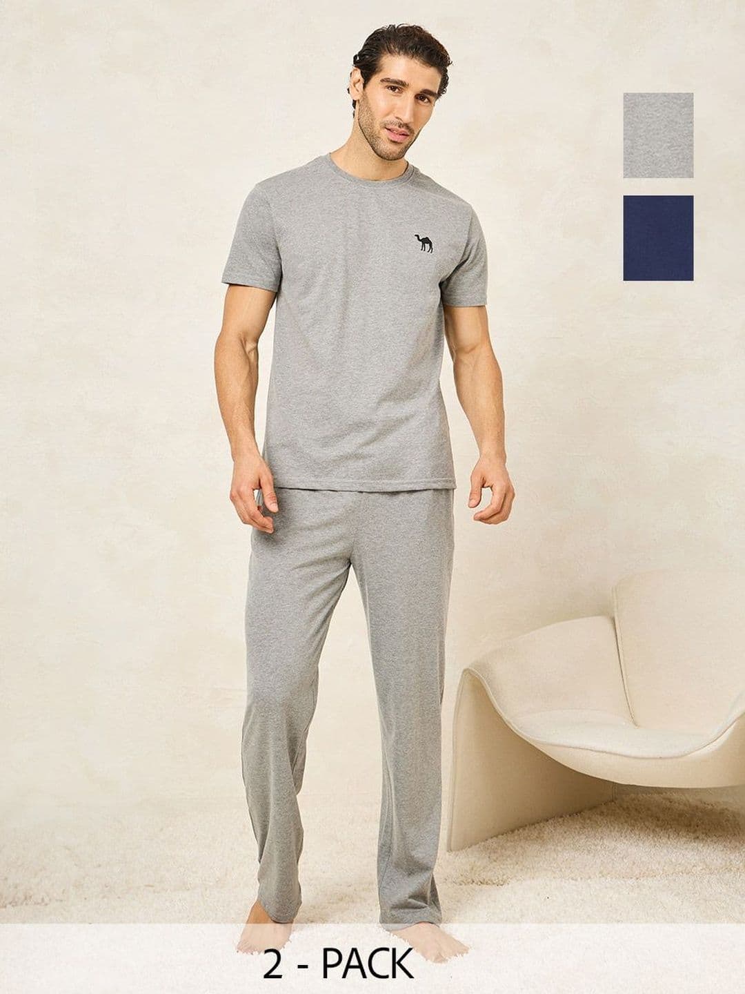 Styli Men Pack Of 2 Round Neck Short Sleeves T-shirt & Pyjama Night Suit - view 1