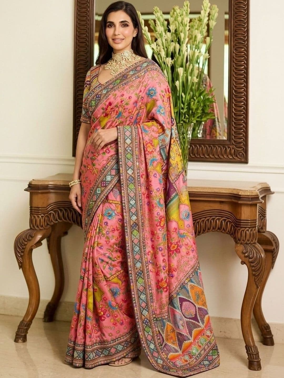 Sangria Floral Embroidered Pure Chiffon Heavy Work Saree - view 1