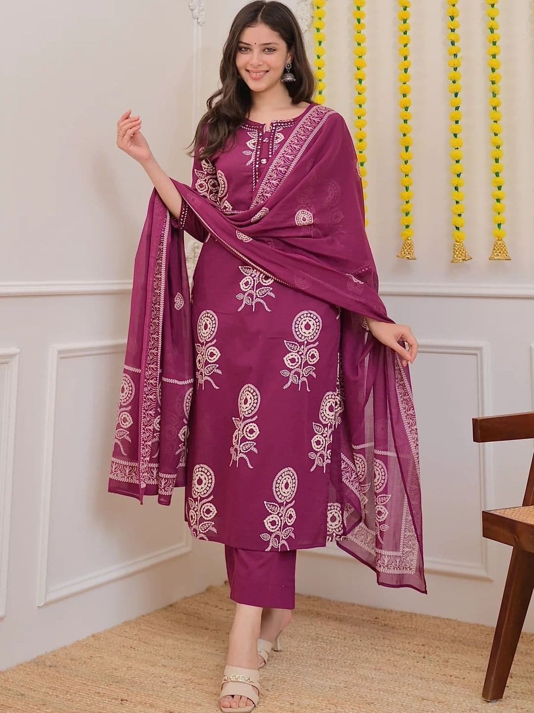 Sangria Women Ethnic Motifs Printed Regular Pure Cotton Kurta with Trousers & With Dupatta - view 1