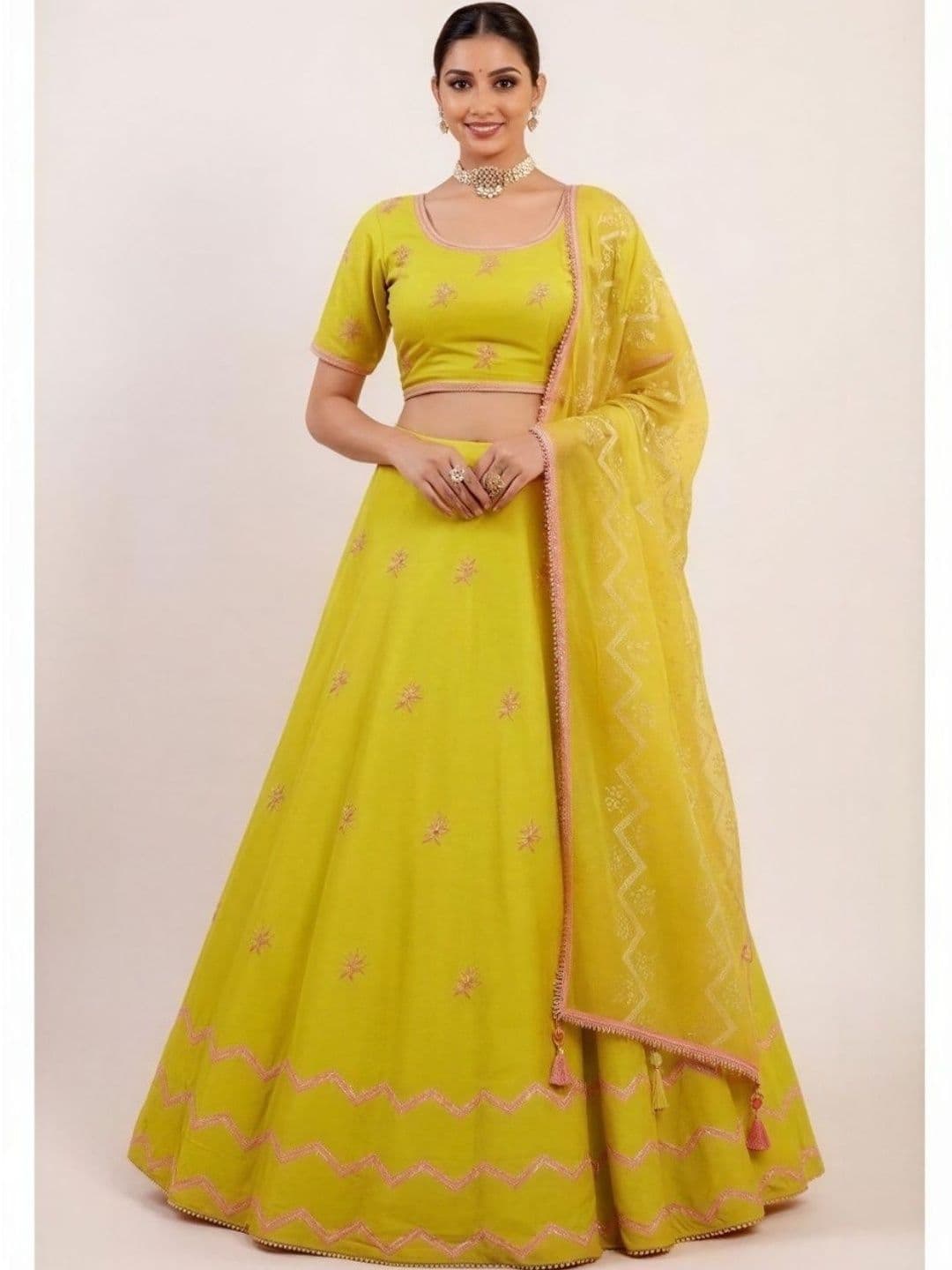 INDBERRY Embroidered Thread Work Semi-Stitched Lehenga & Blouse Taping - view 1