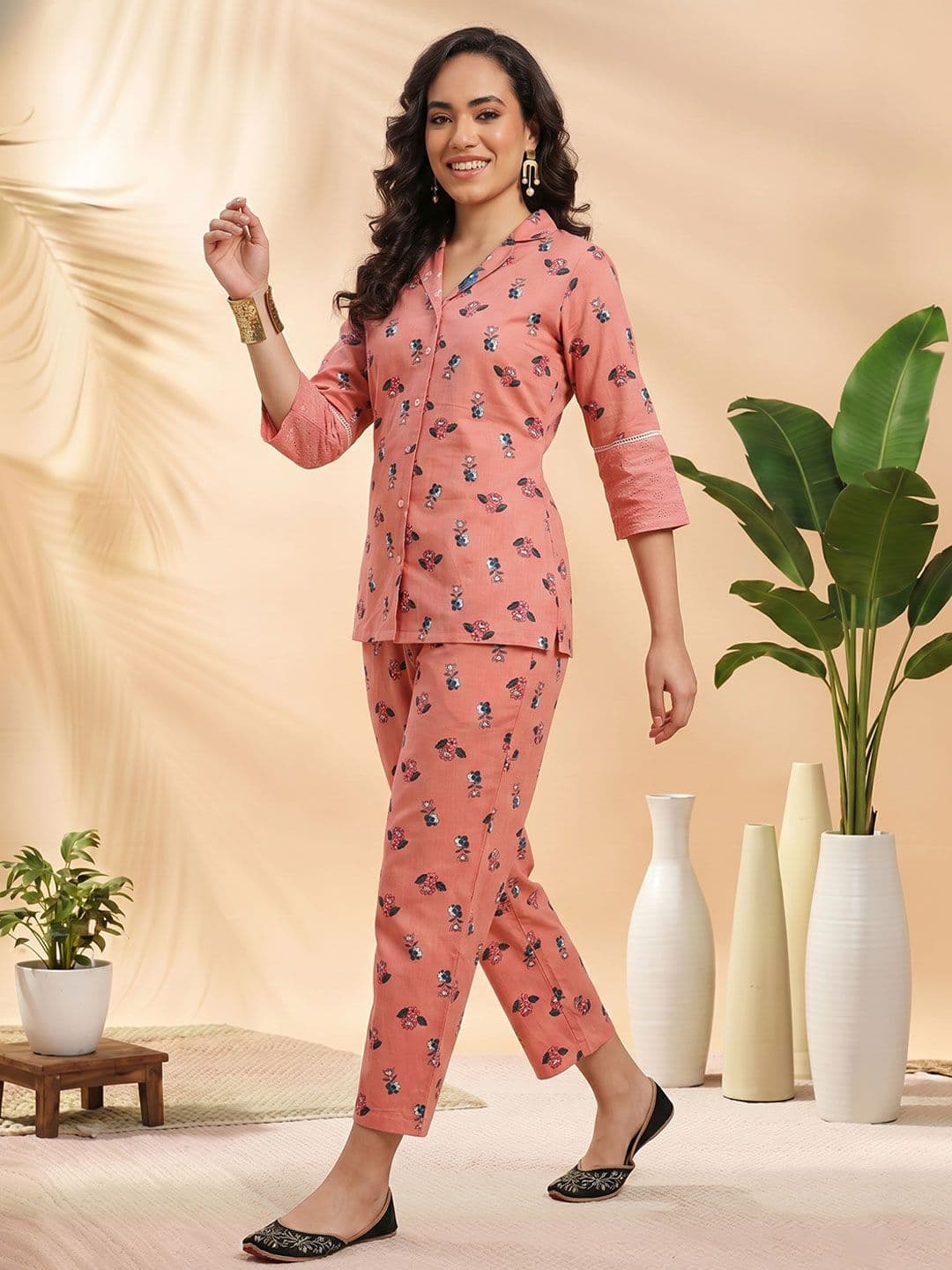 Sangria Ethnic Motifs Print Lace Inserts Shirt With Trousers Co-Ords With Tie-Ups - view 1