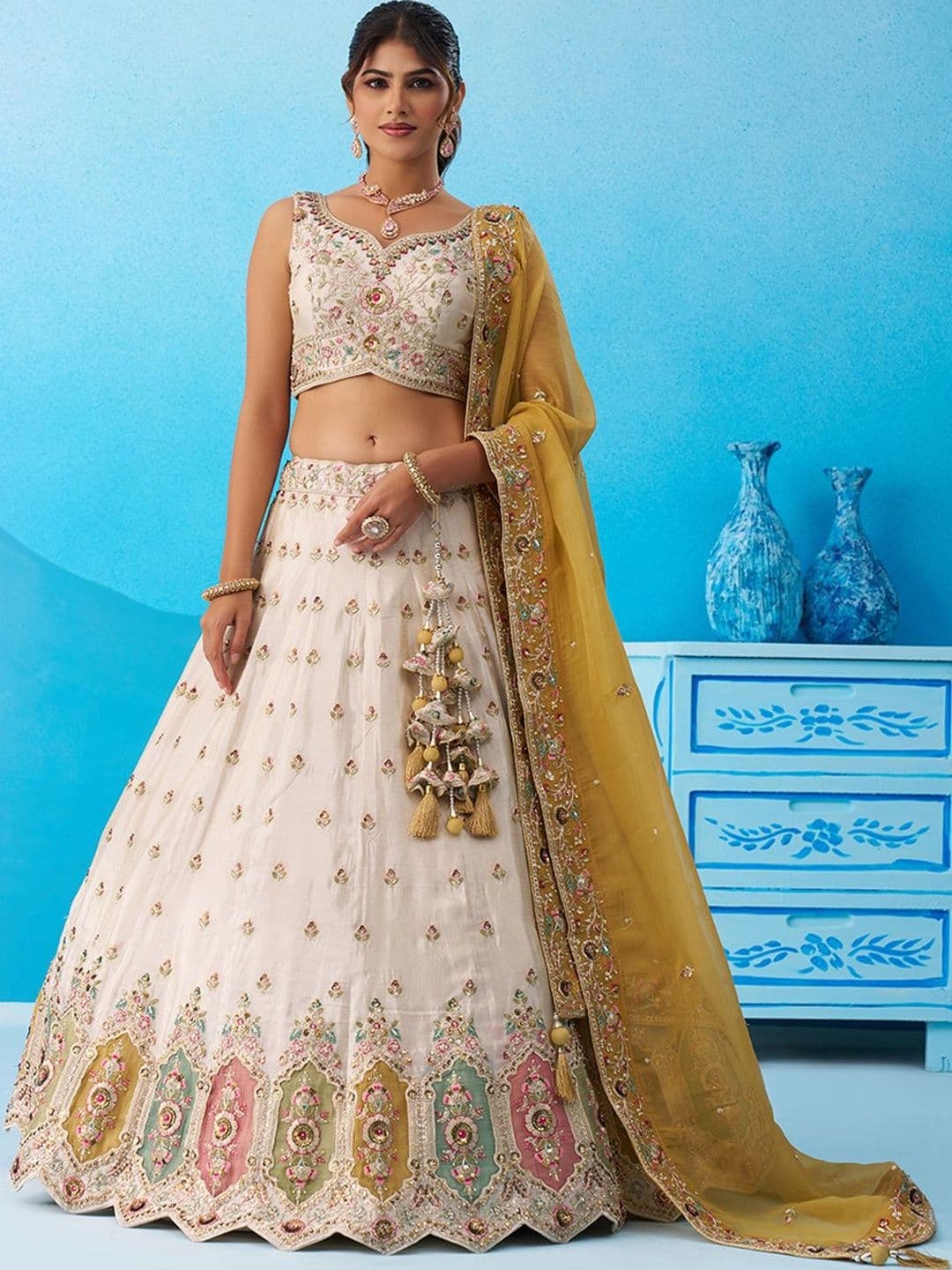 NAVYAAZRI Embroidered Thread Work Semi-Stitched Lehenga & Unstitched Blouse With Dupatta - view 1