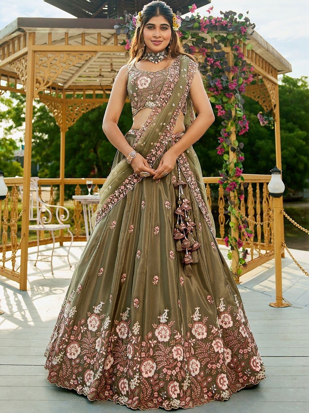 NAVYAAZRI Embroidered Thread Work Semi-Stitched Lehenga & Unstitched Blouse With Dupatta - view 1