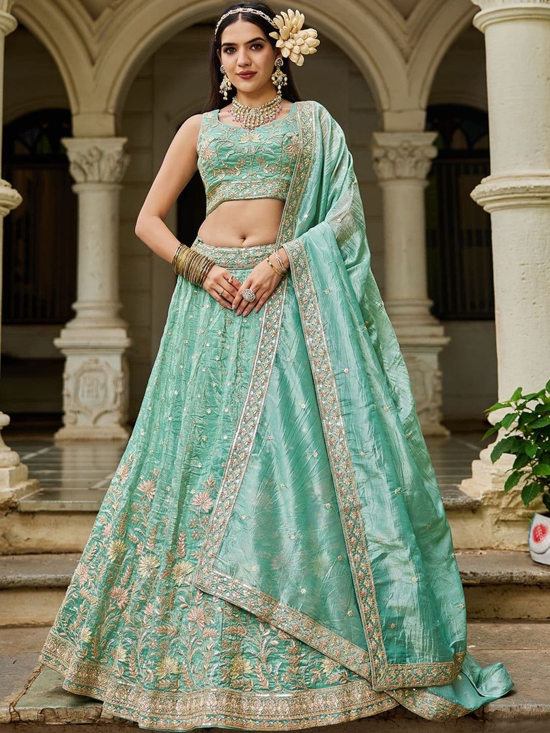 KALINI Embroidered Thread Work Semi-Stitched Lehenga & Blouse With Dupatta - view 1