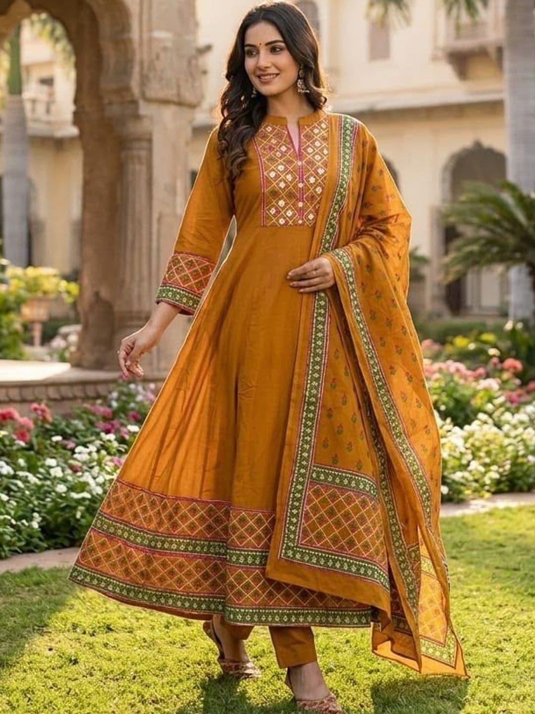 MILAAV Women Ethnic Motifs Embroidered Regular Thread Work Pure Cotton Kurta with Trousers & With Dupatta - view 1