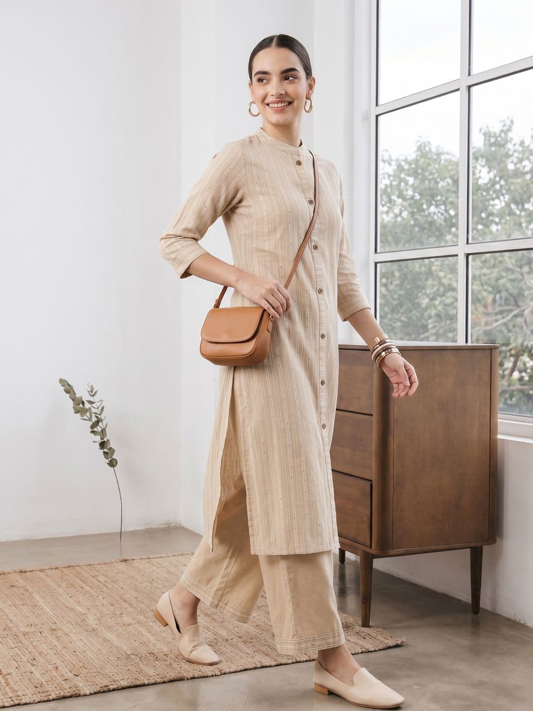 Anouk X fwd Women Beige Cotton Striped Kurta with Palazzos - view 1