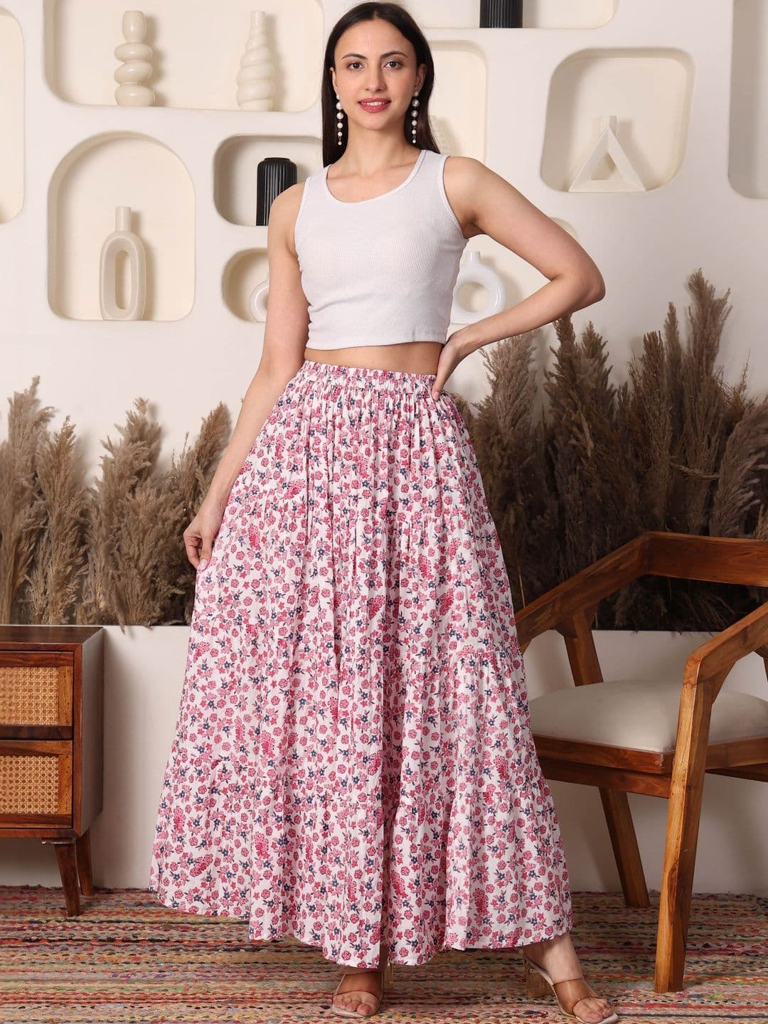 HERE&NOW Women Pure Cotton Blend Floral Maxi Flared Skirt - view 1