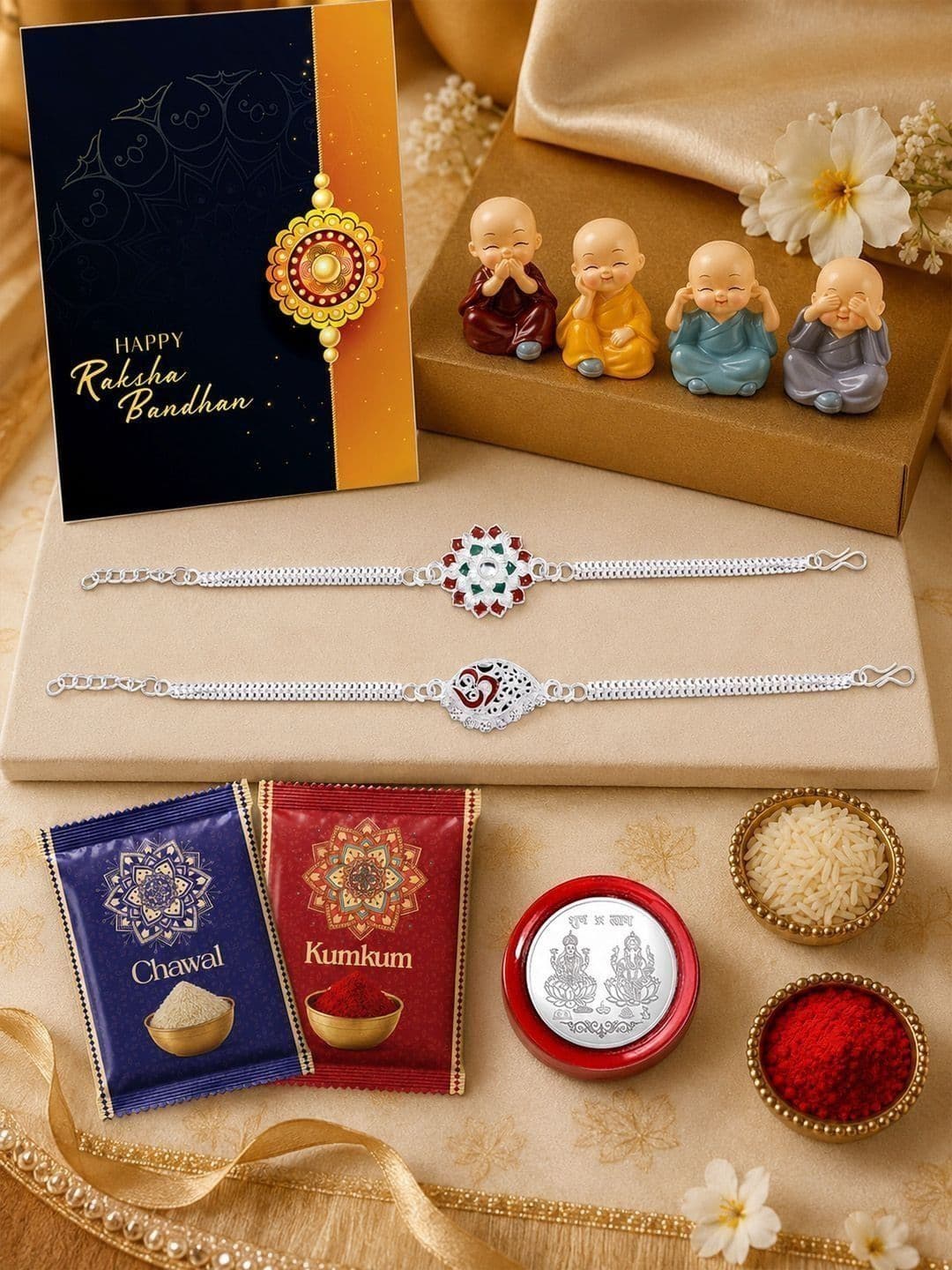 DeoDap Set of 2 Rakhi With Roli Chawal, Silver Toned Coin & Greeting Card - view 1