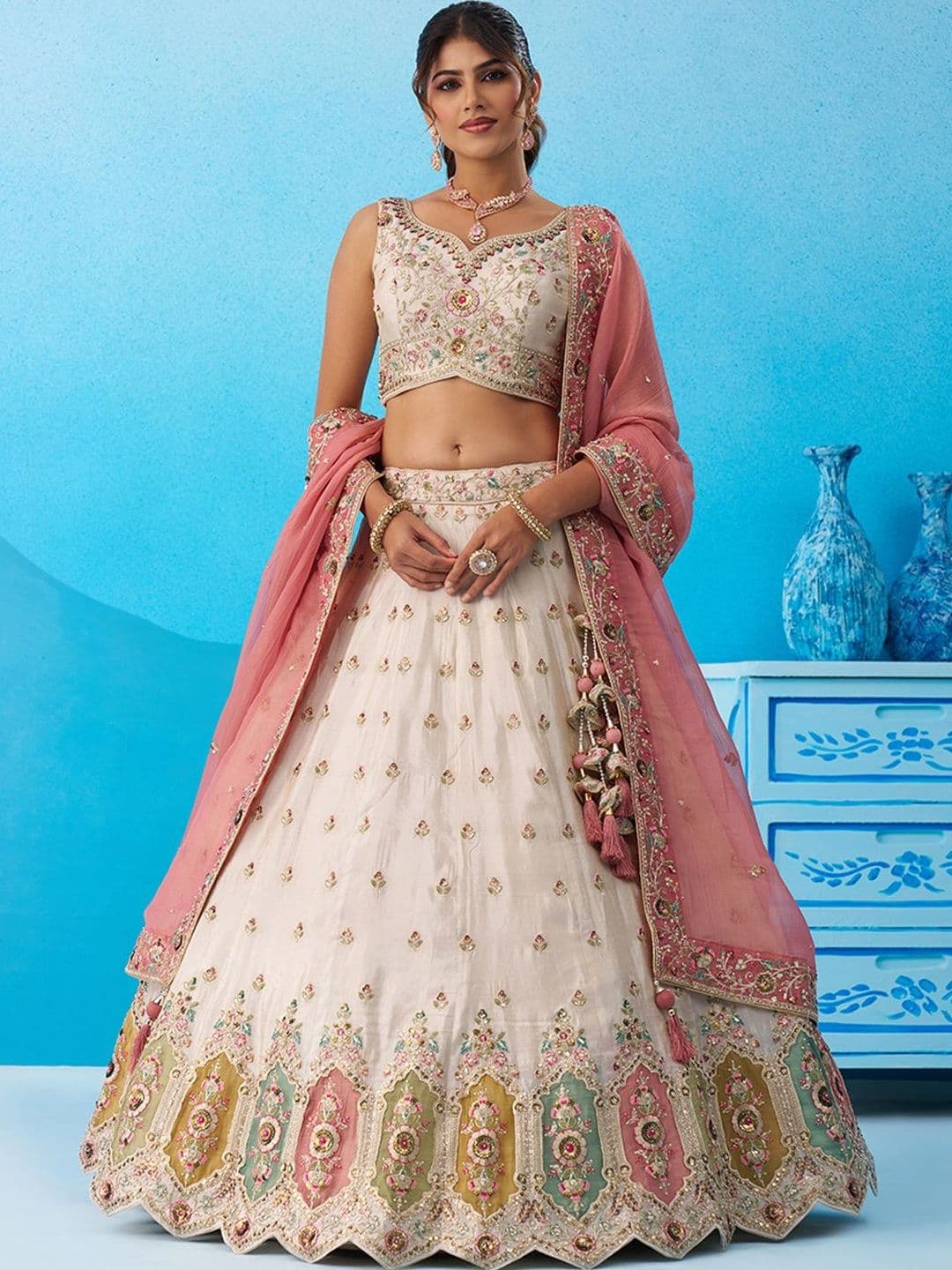 NAVYAAZRI Embroidered Thread Work Semi-Stitched Lehenga & Unstitched Blouse With Dupatta - view 1