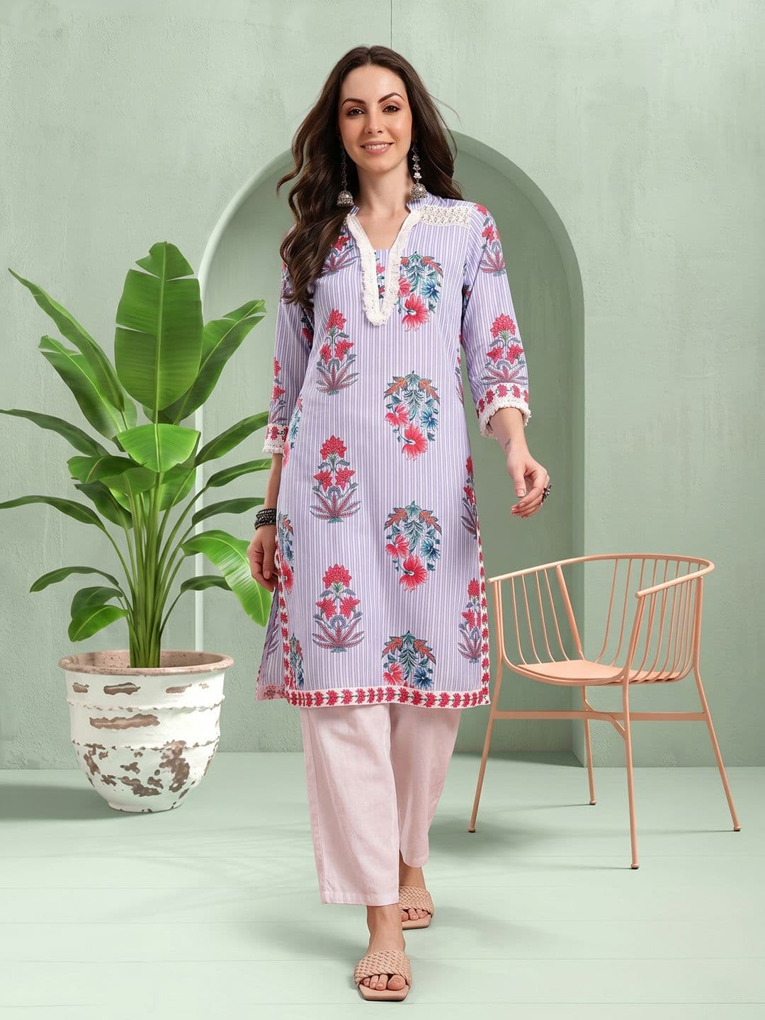 Sangria Floral Printed Kurta With Fringes Detail - view 1