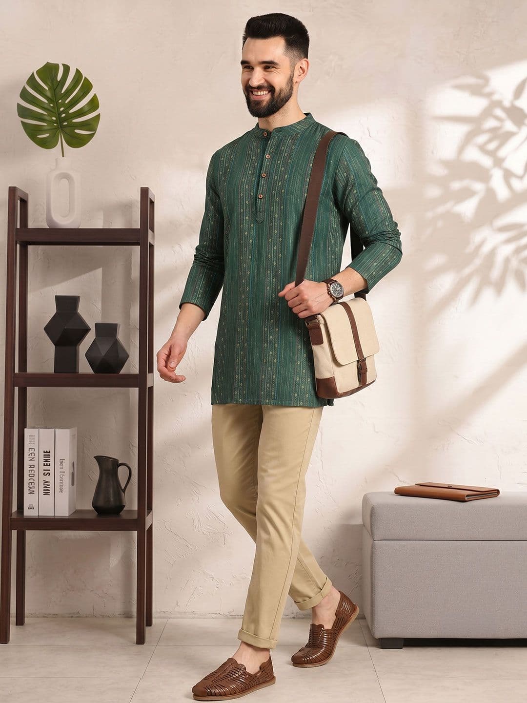 Anouk Men Green & Gold-Toned Striped Thread Work Straight Short Kurta