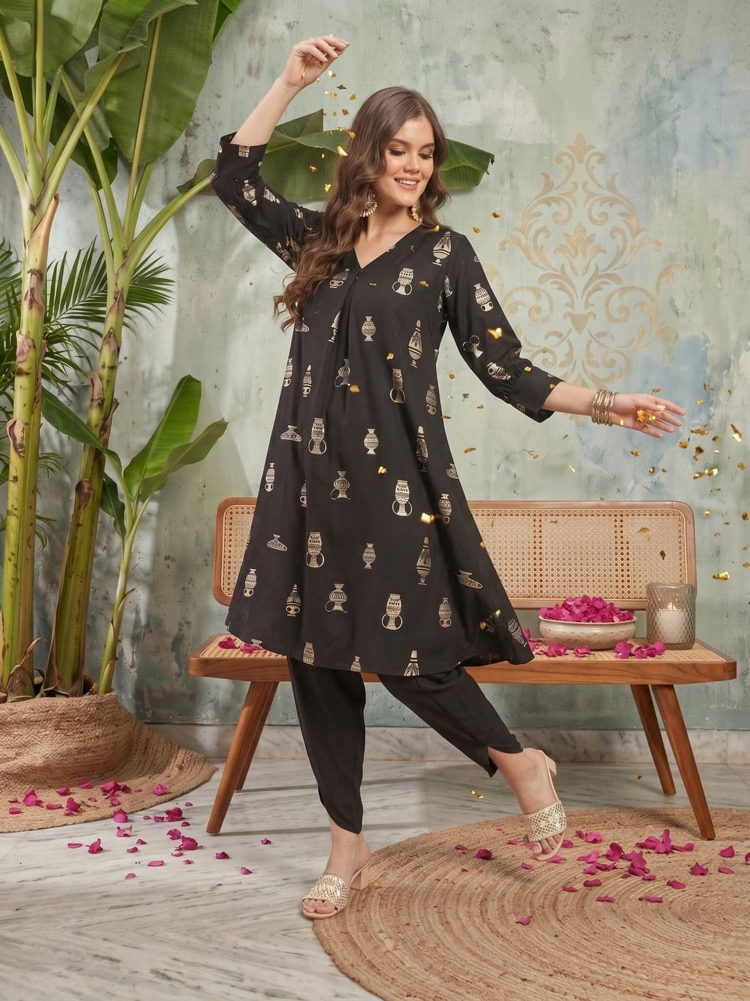 Sangria Conversational Printed Pleated A-Line Kurta with Dhoti Pants - view 1