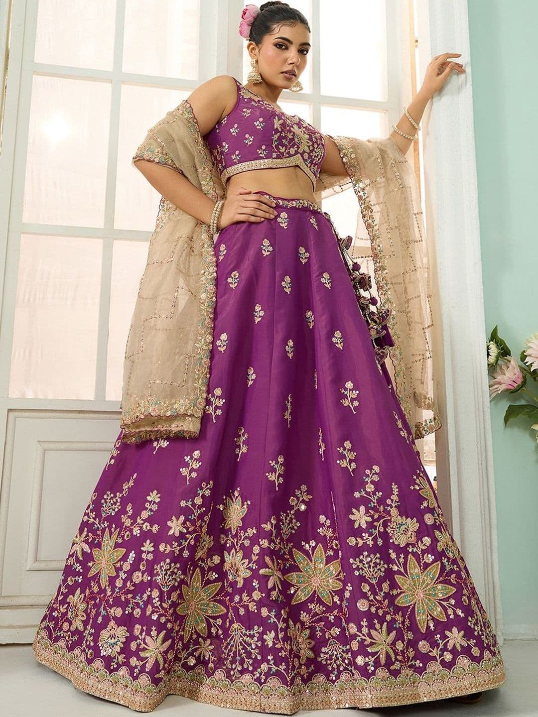 KALINI Embroidered Thread Work Semi-Stitched Lehenga & Unstitched Blouse With Dupatta - view 1