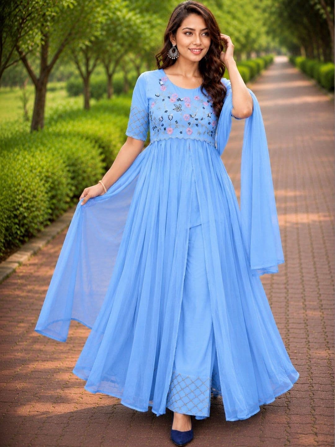 AKSHARAM Women Floral Embroidered Empire Thread Work Silk Georgette Kurta with Trousers & With Dupatta - view 1
