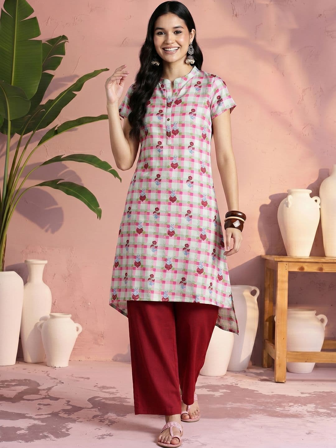 Sangria Checked Floral Motifs Republic Day Republic Day Kurta - view 1