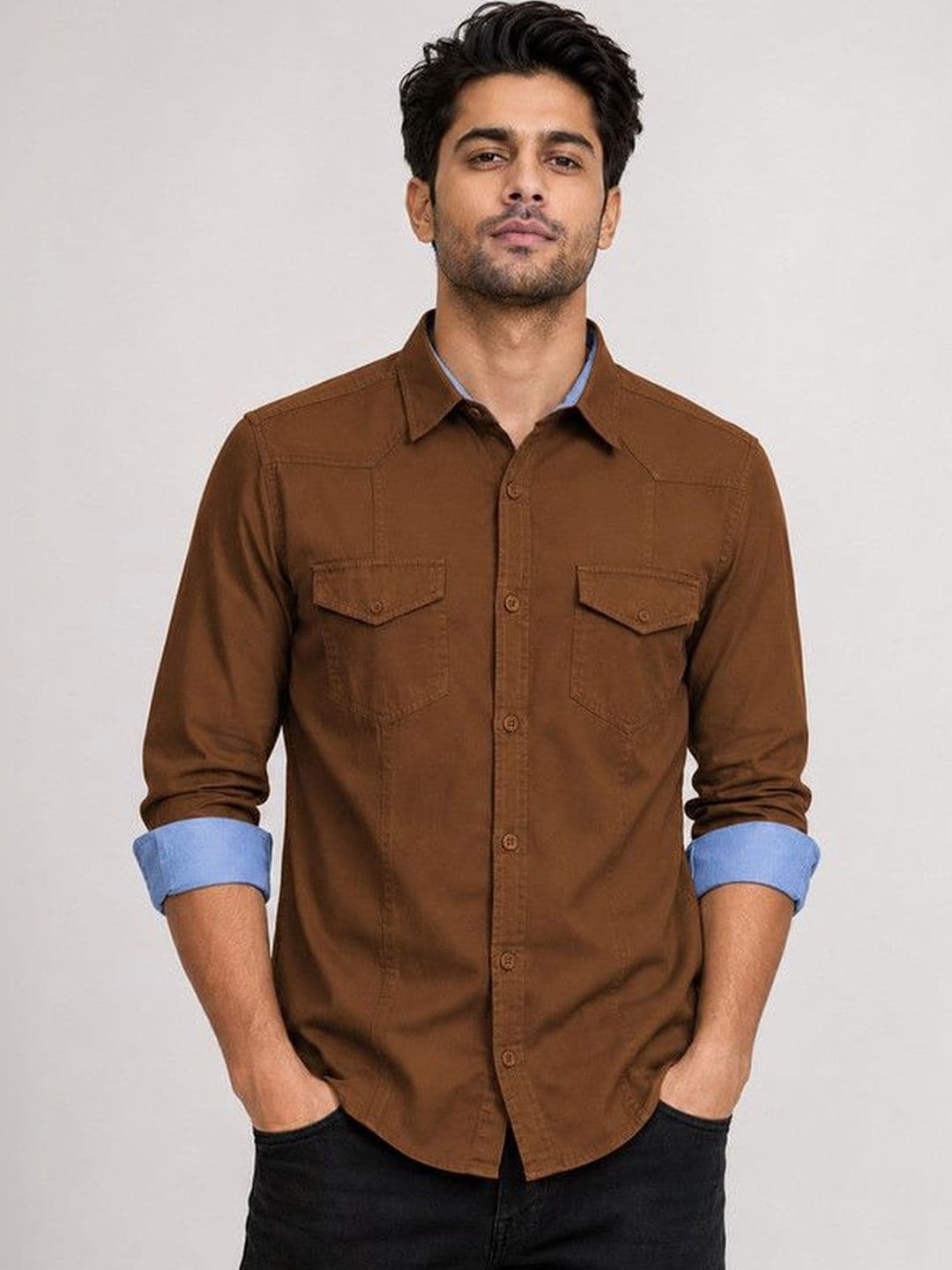 FRANKSHIRT Men Dusty Brown Solid Cargo Cotton Regular Fit Full Sleeve Casual Shirt - view 1