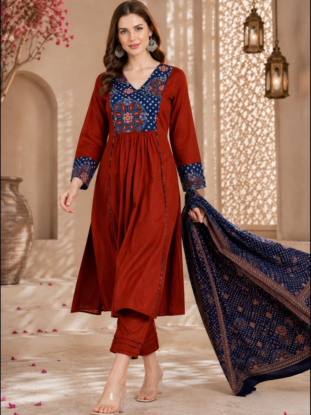 SINGNI Women Ethnic Motifs Embroidered Empire Thread Work Pure Cotton Kurta with Trousers & With Dupatta - view 1