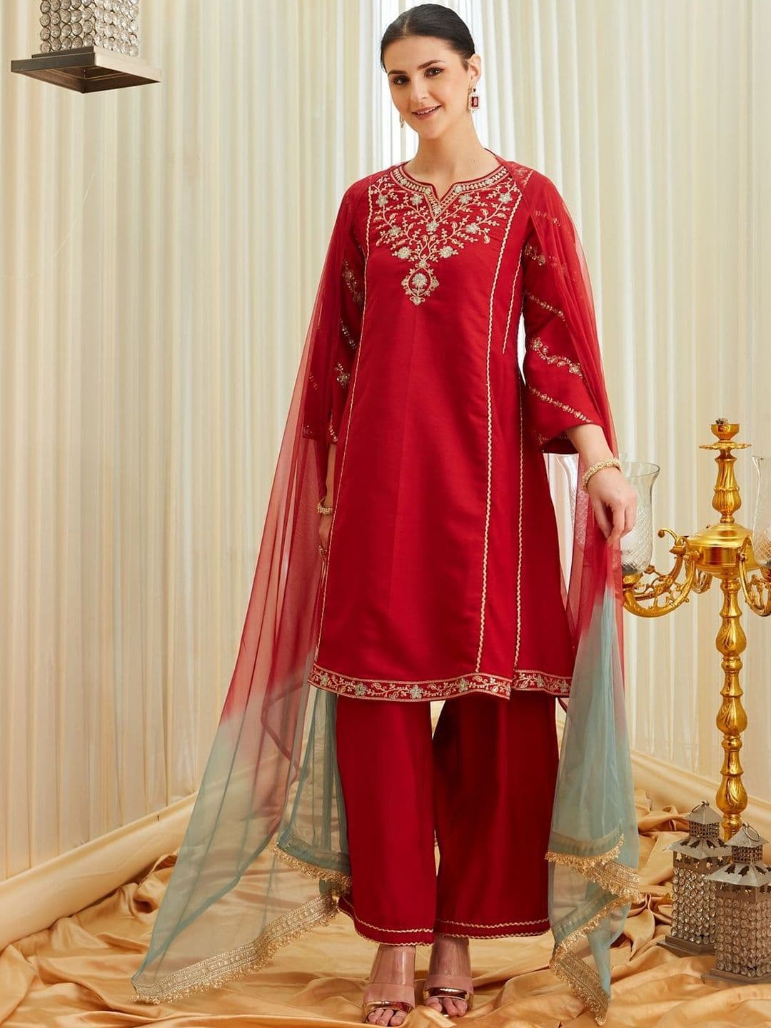 MOKOSH Women Red Silk Embroidered Anarkali Kurta And Palazzo With Soft Net Dupatta - view 1