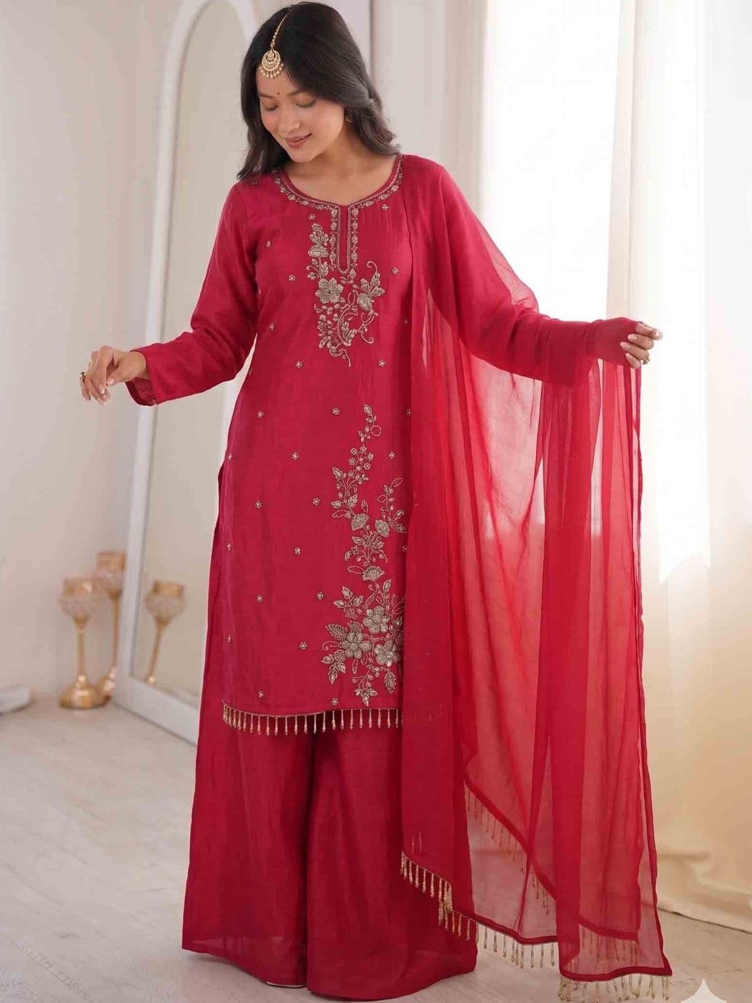 MND LADY Women Ethnic Motifs Embroidered Regular Thread Work Kurta with Palazzos & With Dupatta - view 1