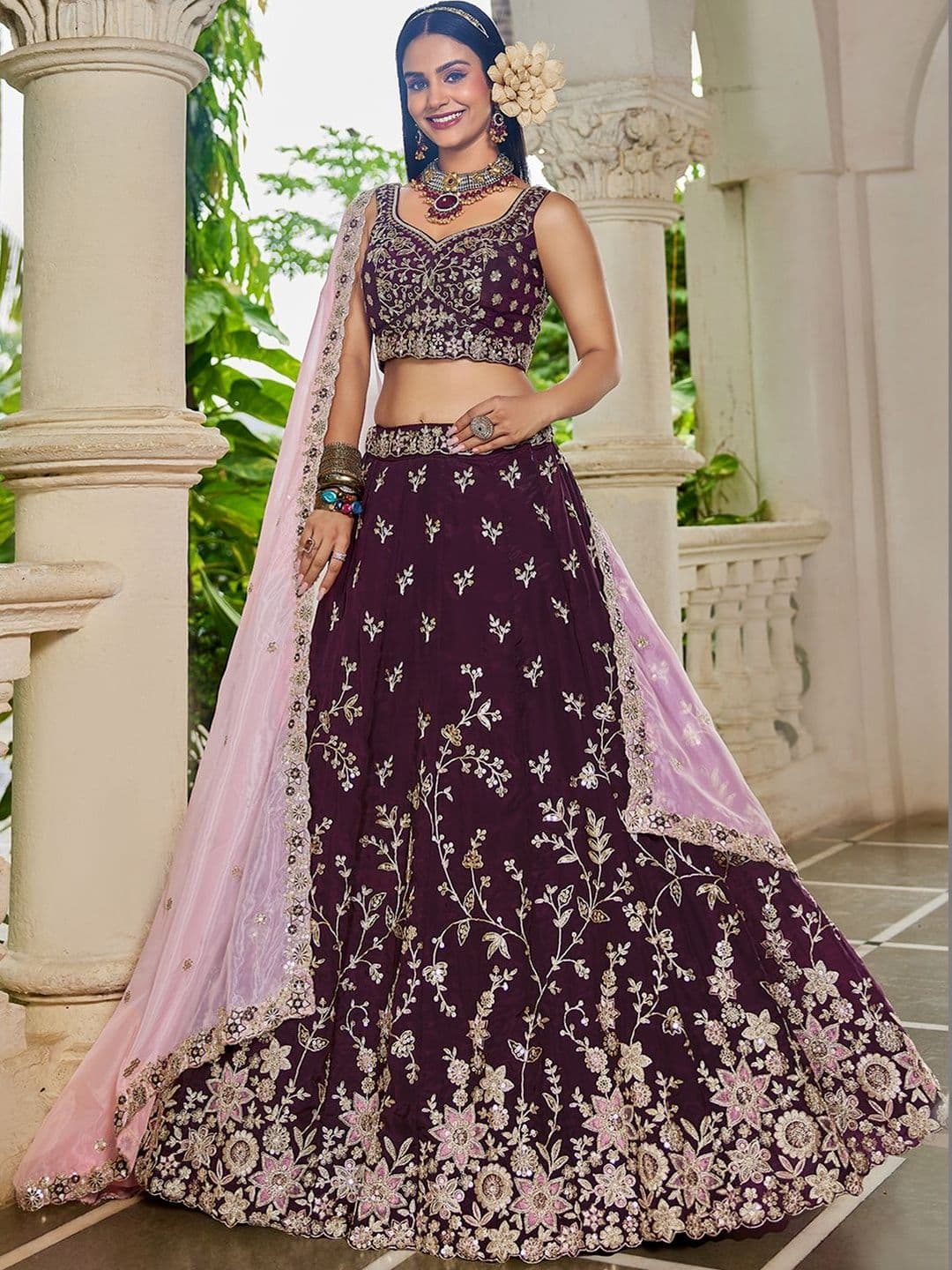 NAVYAAZRI Embroidered Sequinned Semi-Stitched Lehenga & Blouse With Dupatta - view 1