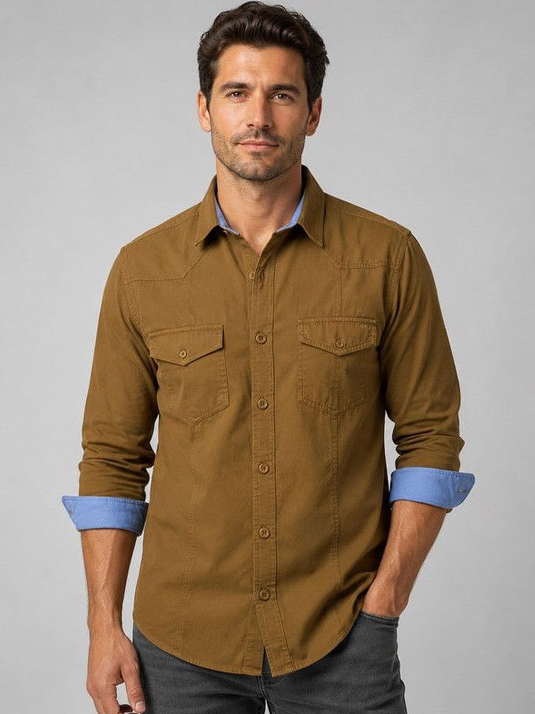 FRANKSHIRT Men Mehendi Green Solid Cargo Cotton Regular Fit Full Sleeve Casual Shirt - view 1