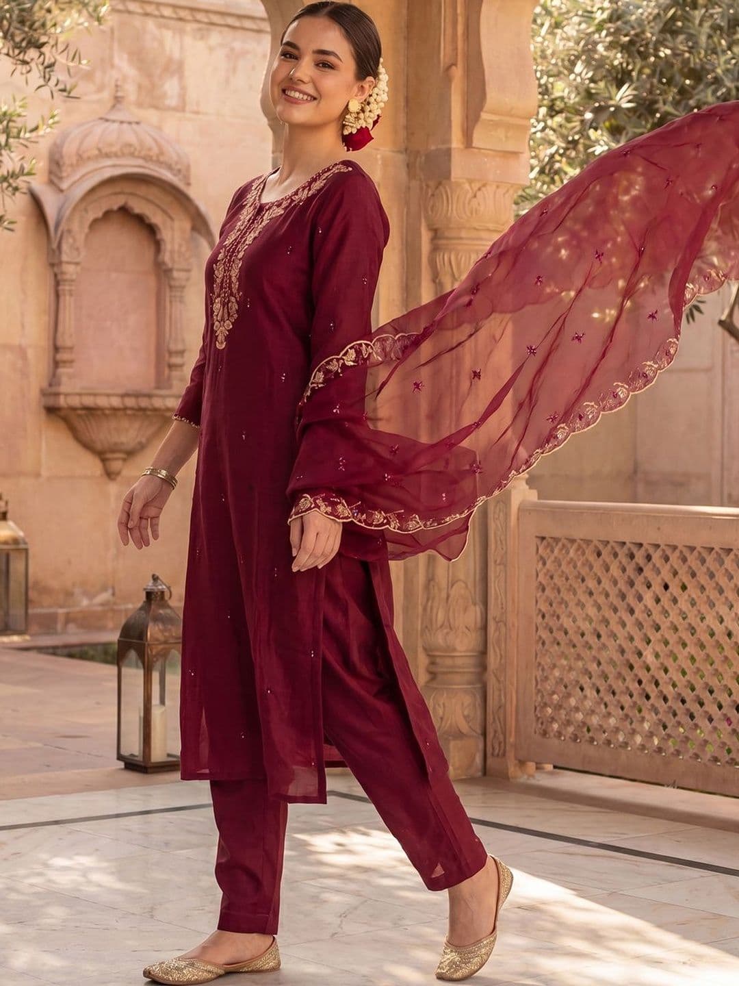 Indo Era Women Ethnic Motifs Embroidered Regular Kurta with Trousers & With Dupatta - view 1