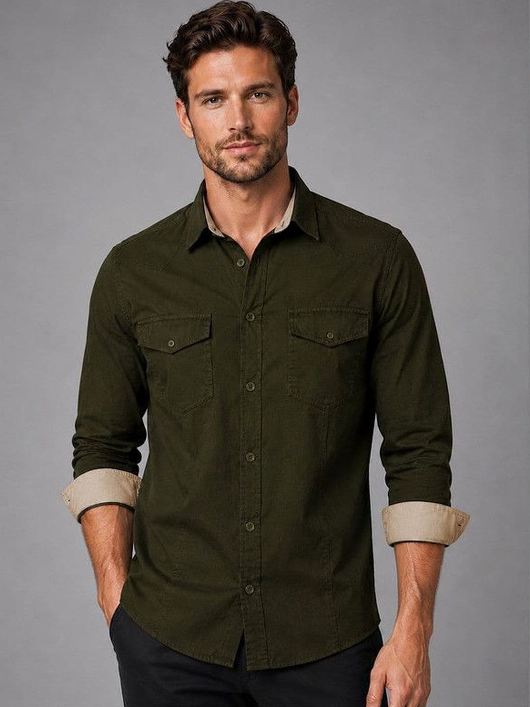 FRANKSHIRT Men Bottle Green Solid Cargo Cotton Regular Fit Full Sleeve Casual Shirt - view 1