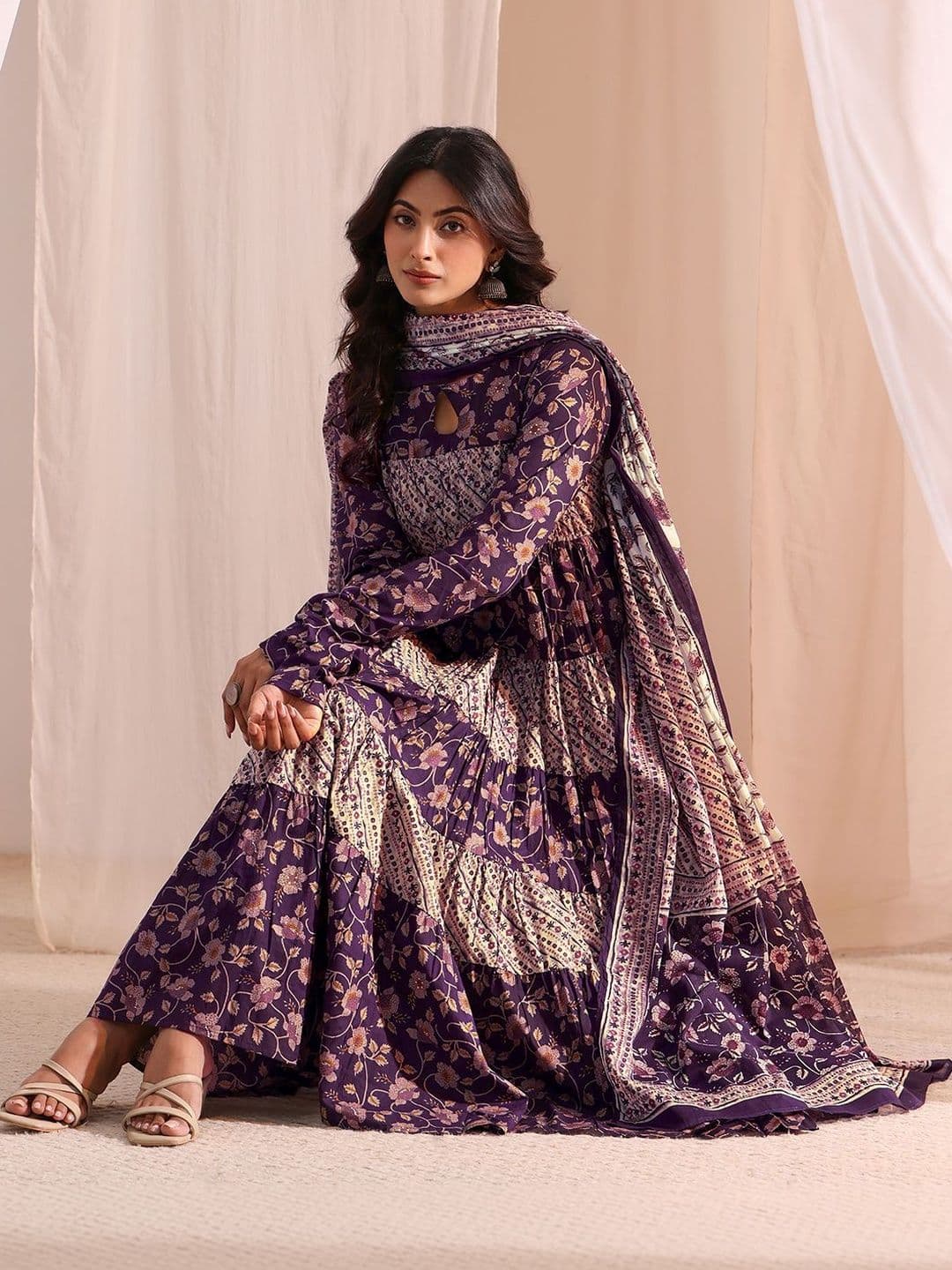 Libas Women Floral Printed Panelled Kurta with Churidar & With Dupatta - view 1