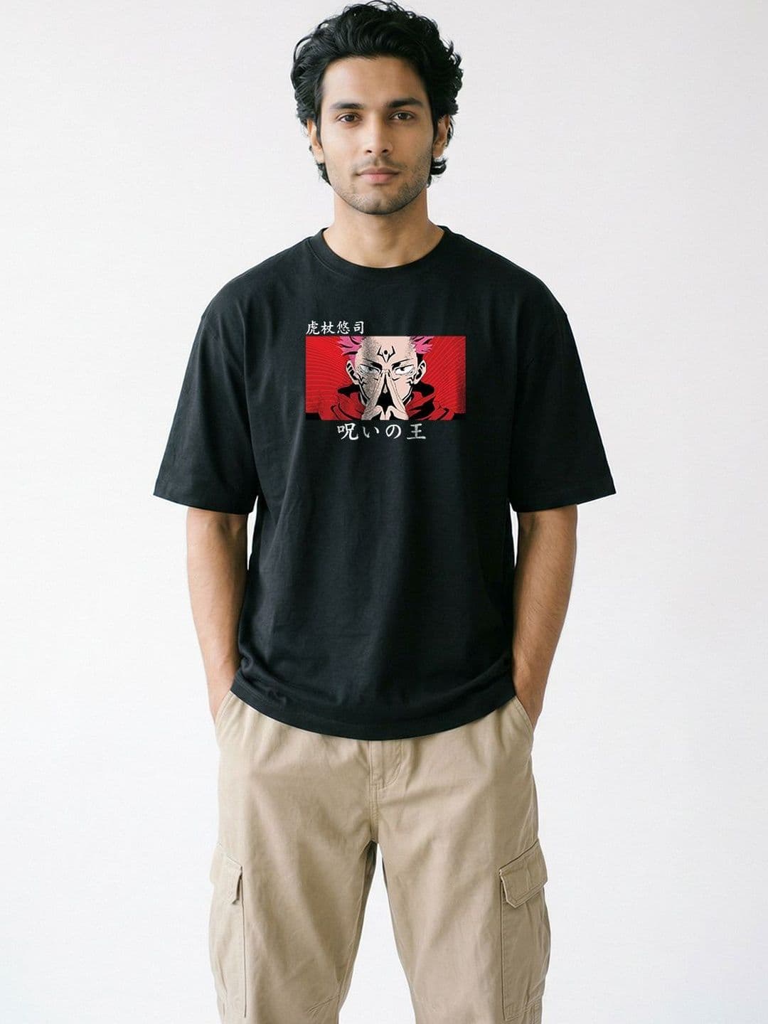 Crazymonk Roymen Sukuna Anime Printed Drop-Shoulder Sleeves Cotton Oversized T-shirt - view 1