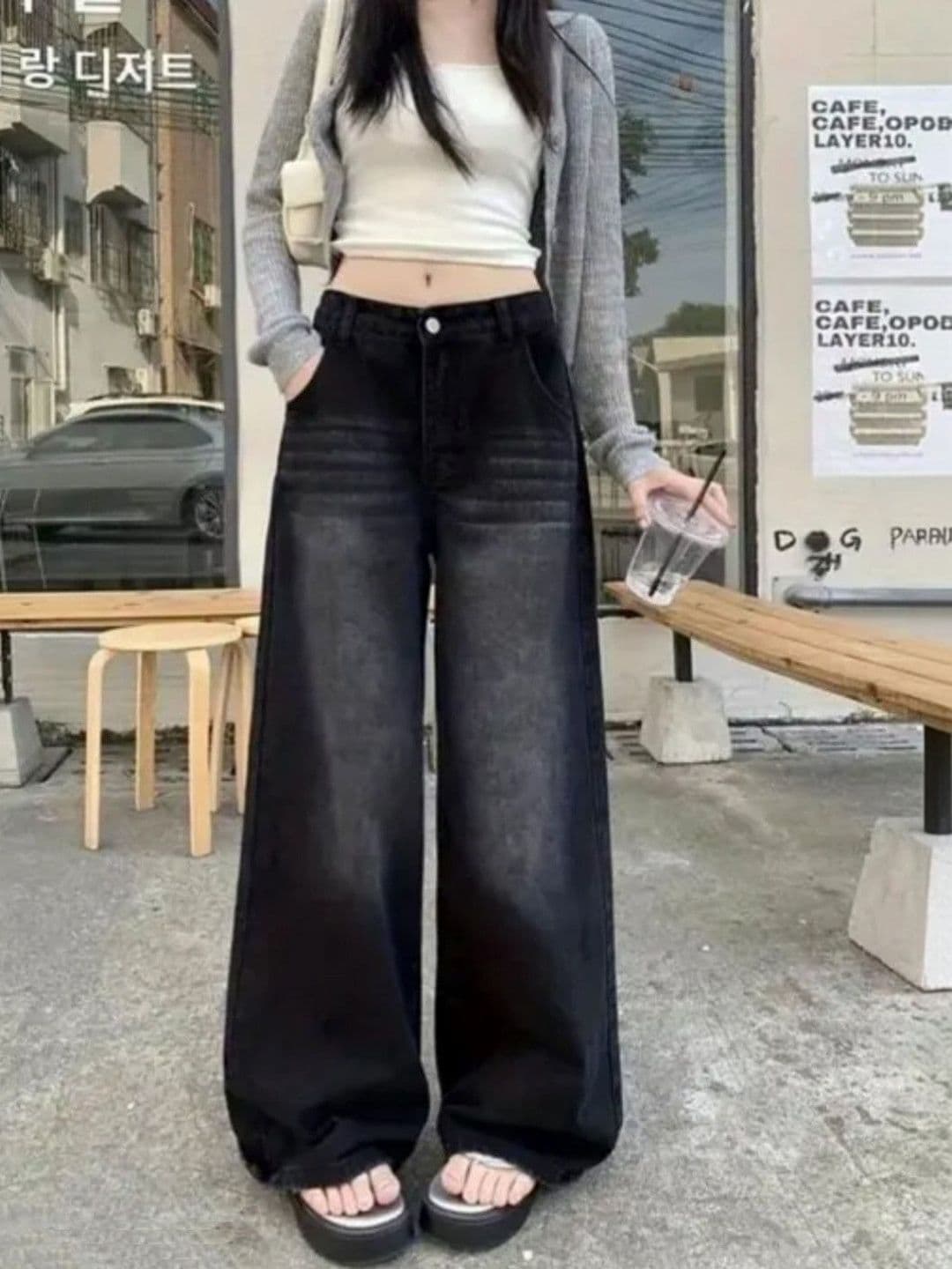 MKCLOTHES Women Jean Wide Leg High-Rise Low Distress Heavy Fade Jeans - view 1