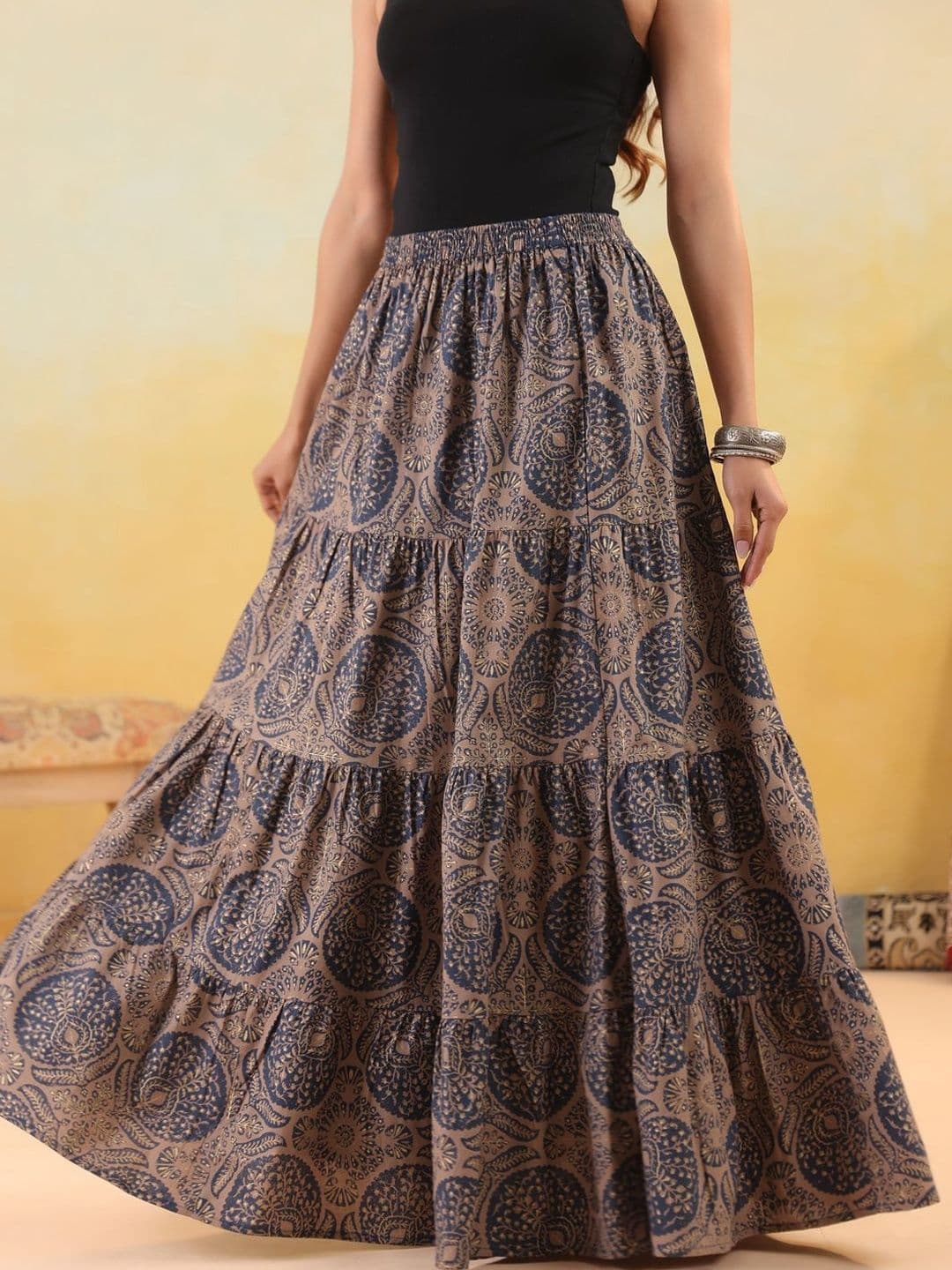 Rimeline Women Cotton Cambric Paisley Bohemian Maxi Tiered Skirt - view 1